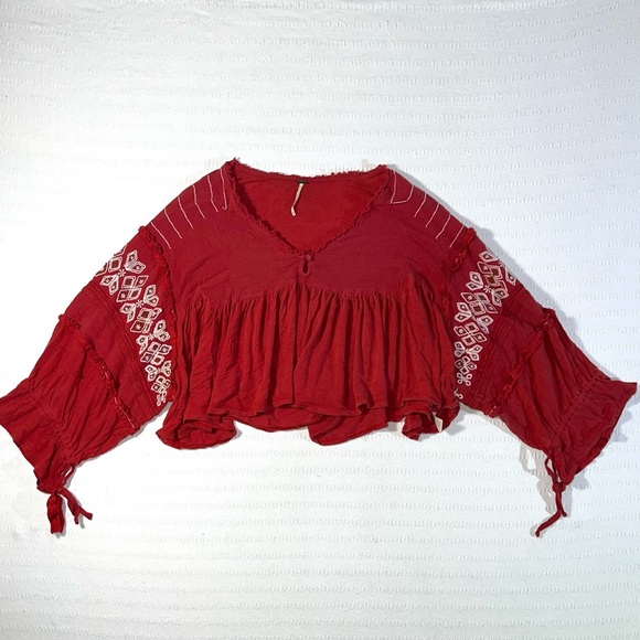 Free People Embroidered Top Boho Peasant Blouse Womens M Balloon Sleeve - Picture 4 of 10